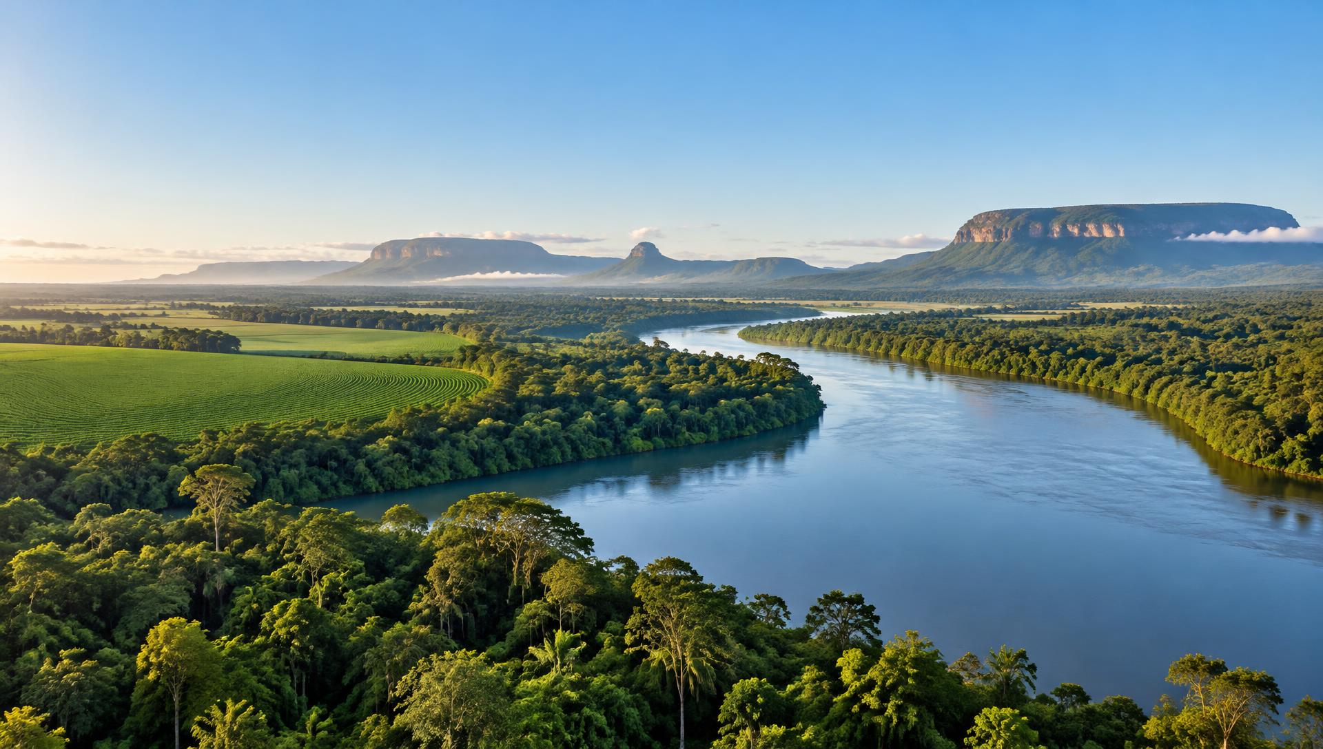 Rio cercado por floresta e áreas produtivas no Brasil